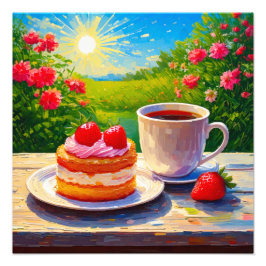 Erdbeerkuchen und Kaffee Freude Fotodruck