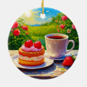 Erdbeerkuchen und Kaffee Freude Keramik Ornament (Hinten)