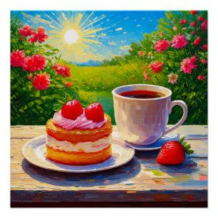 Erdbeerkuchen und Kaffee Freude Poster