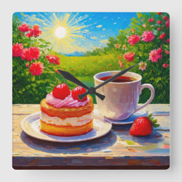Erdbeerkuchen und Kaffee Freude Quadratische Wanduhr