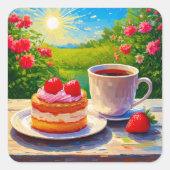 Erdbeerkuchen und Kaffee Freude Quadratischer Aufkleber (Vorderseite)