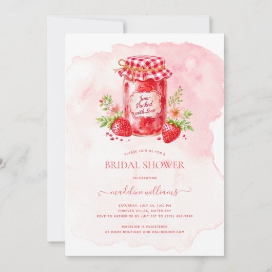 Erdbeermarmelade verpackt mit Liebe-Brautparty Einladung (Vorderseite)