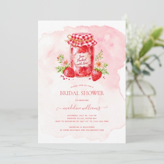 Erdbeermarmelade verpackt mit Liebe-Brautparty Einladung (Stehend Vorderseite)