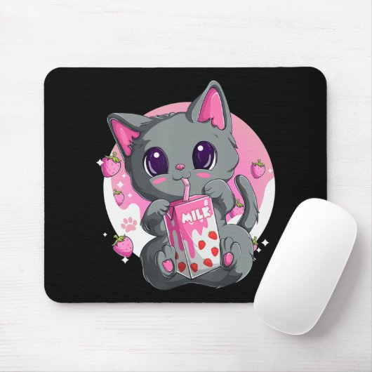 Erdbeermilch für Frauen Mädchen Kawaii Anime Katze Mousepad (Mit Mouse)