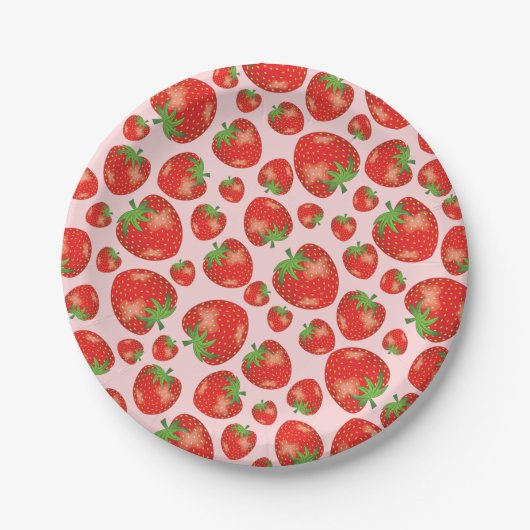 Erdbeermuster-Illustration auf rosa Pappteller (Vorderseite)