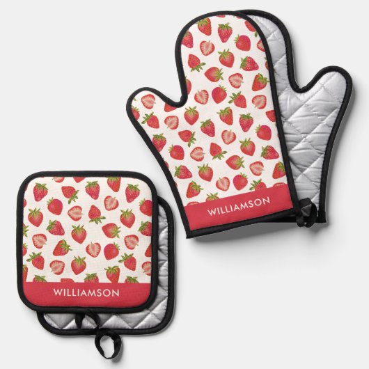 Erdbeermuster im Sommer Ofenhandschuh & Topflappen-Set (Vorderseite/Rückseite)