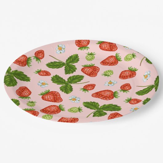 Erdbeermuster Muster rosa Hintergrund Pappteller (Schrägansicht)