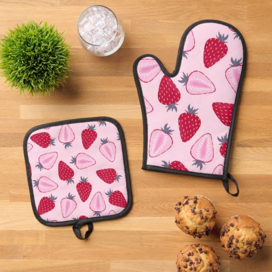 Erdbeermuster Ofenhandschuh & Topflappen-Set (Oben Unten)
