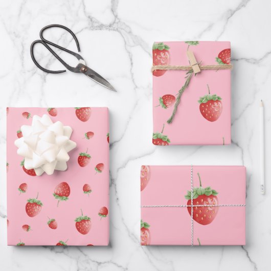 Erdbeermuster Rosa Geschenkpapier Set (Vorderseite)