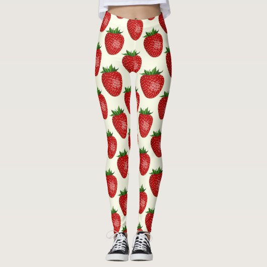 Erdbeermuster, rote Erdbeeren, Obst, Blatt Leggings (Vorderseite)