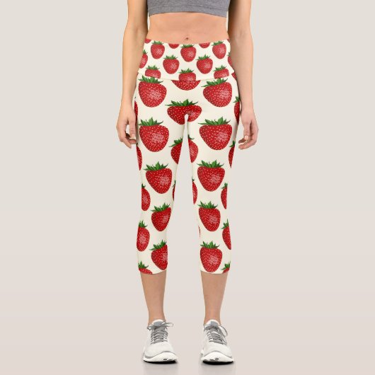 Erdbeermuster, Rote Erdbeeren, Obst, Leaf Capri Leggings (Vorderseite)