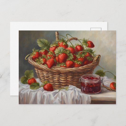Erdbeerobst in einem Korb und Erdbeermarmelade Postkarte (Vorne/Hinten)