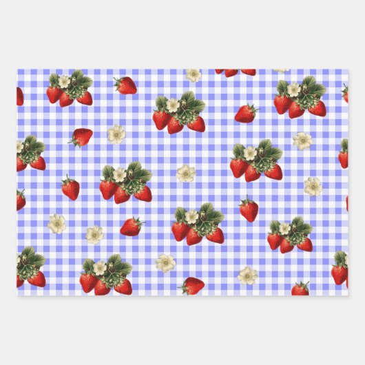 Erdbeerpapier auf blauem Gingham Geschenkpapier Set (Vorderseite 3)