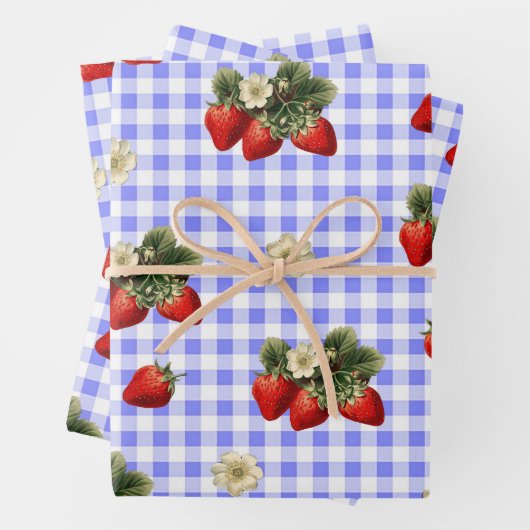 Erdbeerpapier auf blauem Gingham Geschenkpapier Set (Beispiel)