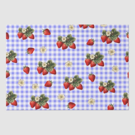 Erdbeerpapier auf blauem Gingham Seidenpapier (Vorderseite)