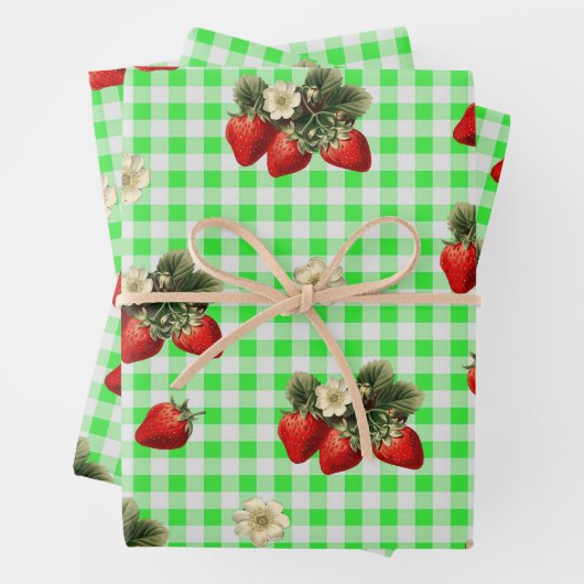 Erdbeerpapier auf grünem Gingham Geschenkpapier Set (Beispiel)