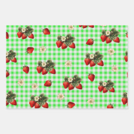 Erdbeerpapier auf grünem Gingham Geschenkpapier Set