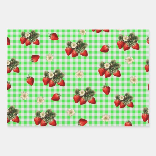 Erdbeerpapier auf grünem Gingham Geschenkpapier Set (Vorderseite)