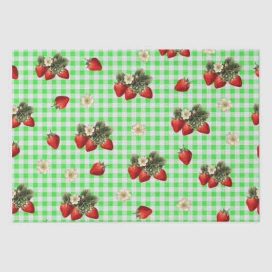 Erdbeerpapier auf grünem Gingham Seidenpapier (Vorderseite)
