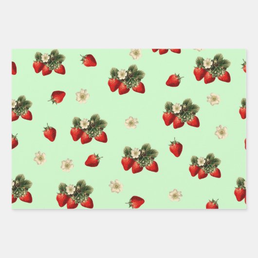Erdbeerpapier mit Blüten auf grün Geschenkpapier Set (Vorderseite)