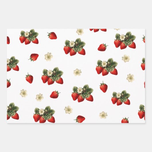 Erdbeerpapier mit Blüten auf weiß Geschenkpapier Set (Vorderseite)