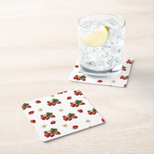 Erdbeerpapier-Untersetzer mit Blüten Rechteckiger Pappuntersetzer (Vor Ort)