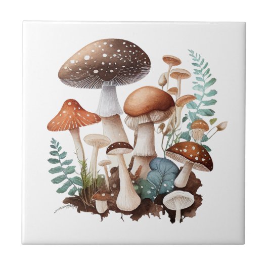 Erdbraun-neutraler Wald-Pilzkern Fliese (Vorderseite)