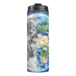 Erde & Mond Wasserfarben-Galaxie Himmelsdesign Thermosbecher