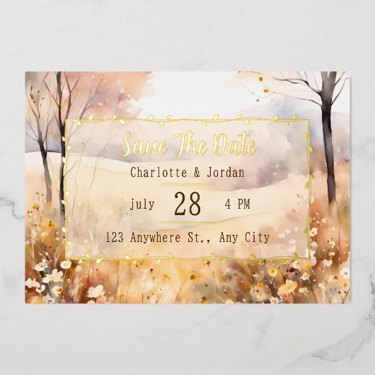 Erdfarben rustikale Blüte Save the Date Herbst Folieneinladung (Vorderseite)