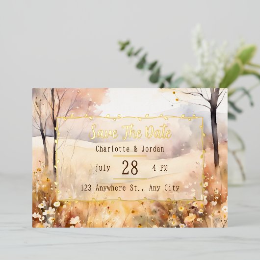 Erdfarben rustikale Blüte Save the Date Herbst Folieneinladung (Stehend vorne)