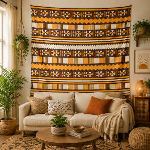 Erdfarbener tribaler geometrischer Muster-Boho-Wan Wandteppich