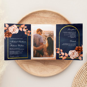 Erdige Aquarell-Blumen-Terrakotta-Navy-Hochzeit Dreifach Gefaltete Einladung