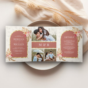 Erdige Boho-Blumen-Hochzeit Pampas Zimt Rose Dreifach Gefaltete Einladung