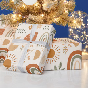 Erdige Boho-Regenbogen- & Blumenverpackungspapier Geschenkpapier