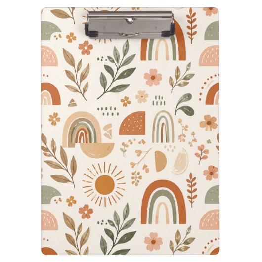 Erdige Boho-Regenbogen-Sonne-Blumen-Mappe Klemmbrett (Vorderseite)