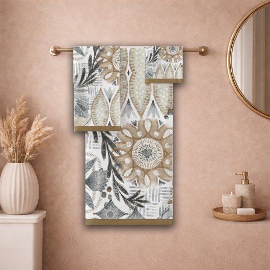 Erdige Boho-Sand-Grau-Botanikmuster Badhandtuch Set
