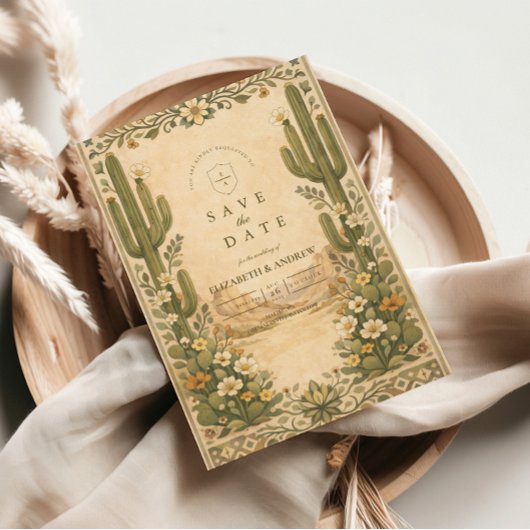 Erdige botanische Wüstenhochzeit Save The Date