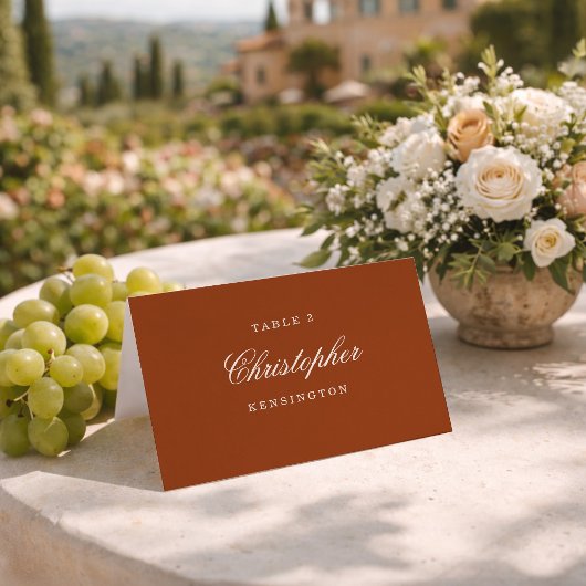 Erdige Chic-Terrakotta-Hochzeitsplatzkarte Tischnummer