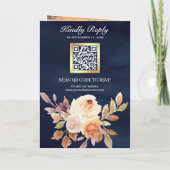 Erdige Elfenbein Blumen QR Code Navy Blau Hochzeit Einladung (Rückseite)