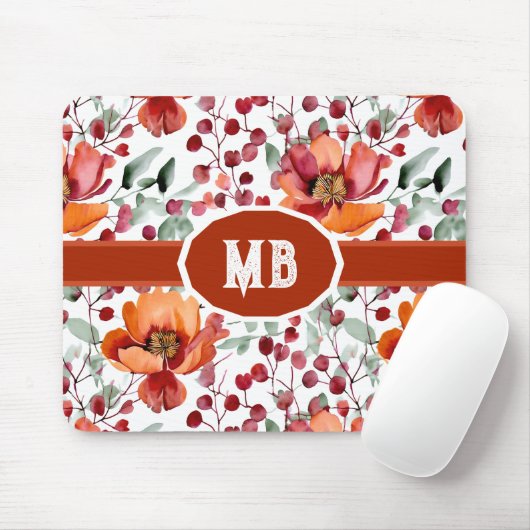 Erdige Farben, monogrammierte Herbstblumen Mousepad (Mit Mouse)