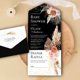 Erdige Florale Boho-Pampasgras Schwarze Babyparty All In One Einladung