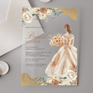 Erdige Florale Goldene Spitzenrobe Brautkleid Brau Acryleinladungen