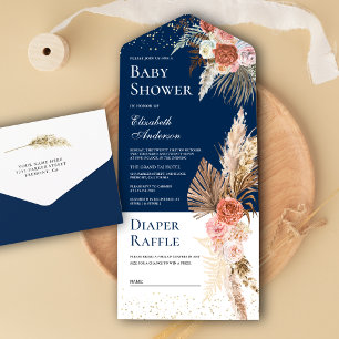 Erdige Florale Pampasgras Navyblaue Babyparty All In One Einladung