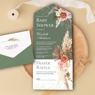 Erdige Florale Pampasgras Salbeigrüne Babyparty All In One Einladung