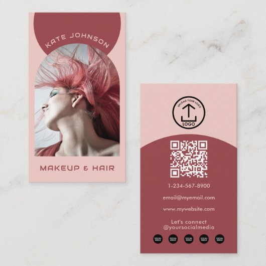 Erdige moderne Make-up-Frisuren-Arch-Foto-QR-Code- Visitenkarte (Vorne/Hinten)