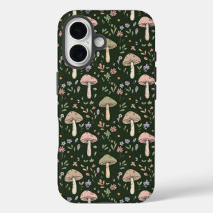 Erdige Olivgrüne Pilze Nahtloses Muster Boho iPhone 16 Hülle