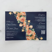 Erdige Pfirsich Blumen Navyblau QR-Code Hochzeit Einladung (Innenseite)
