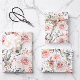 Erdige rosa florale botanische Wasserfarbmuster Geschenkpapier Set