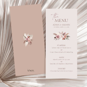 Erdige Röte-Pampas-Blumen-Boho-Hochzeitsmenü Menükarte