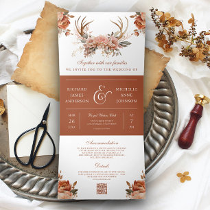 Erdige Terrakotta-Blumen-Geweih-QR-Code-Hochzeit Dreifach Gefaltete Einladung
